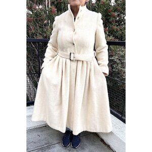Domino New York Wool Long Pleated Ivory Coat w Belt Size S Lined Pockets Vintage
